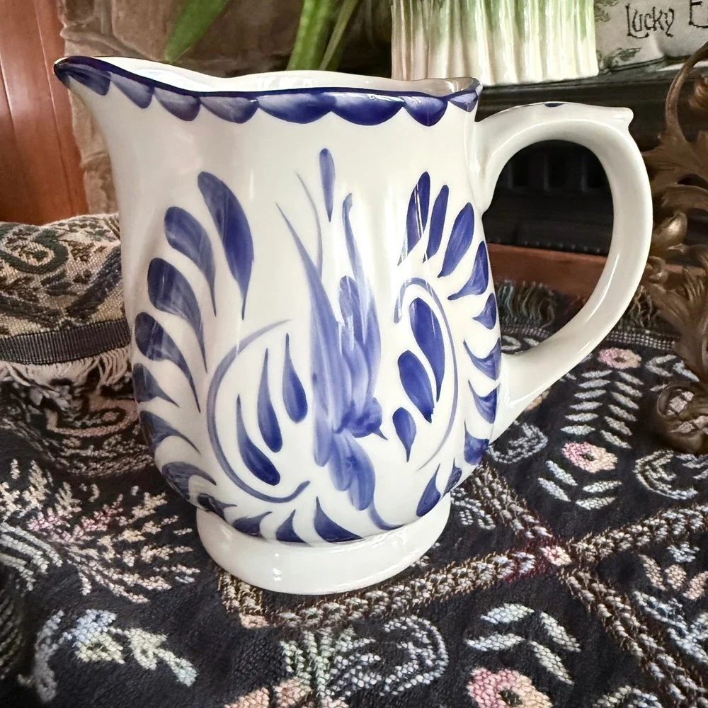 Pottery Barn Puebla Pitcher Hand Painted Blue White Floral Porcelain 6.75